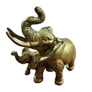 Vintage Brass Elephant Duo • 5.25” • Mother & Baby • Taiwan ROC